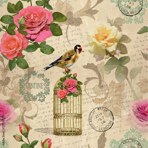Seamless vintage background with flowers,bird, bird cage and butterflies.