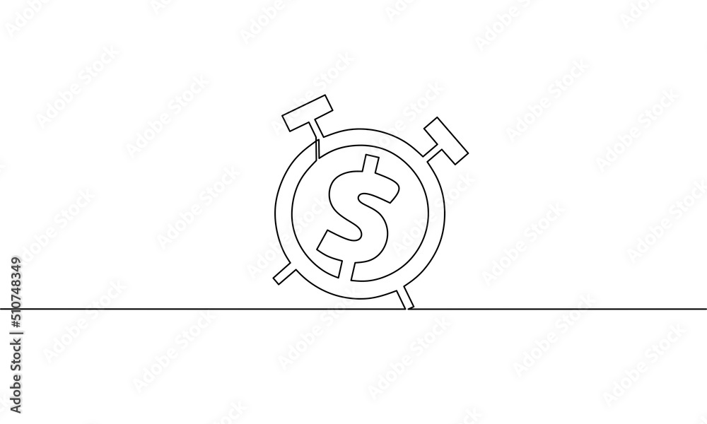 Continuous line drawing of, alarm clock with dollar, business growth, object one line, single line art, vector illustration Continuous line drawing of, alarm clock with dollar, business growth, object one line, single line art, vector illustration