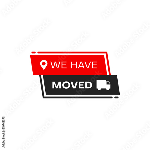 We have moved icon or sign with moving service truck and location pin. Office and home address change or new location announcement icon, business relocation isolated red black symbol with map pointer