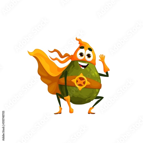 Cartoon funny avocado superhero character, isolated vector vegetable or fruit super hero. Kids menu food personage in yellow cape and mask waving hand. Fairytale, healthy food