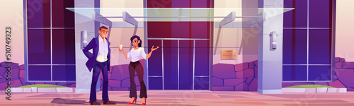 Company employees talk near office in business center, coffee break. Vector cartoon illustration of people at entrance of modern city building with glass canopy and double doors