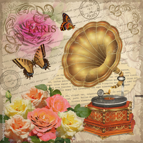 Vintage rose postcard with gramophone and butterflies.