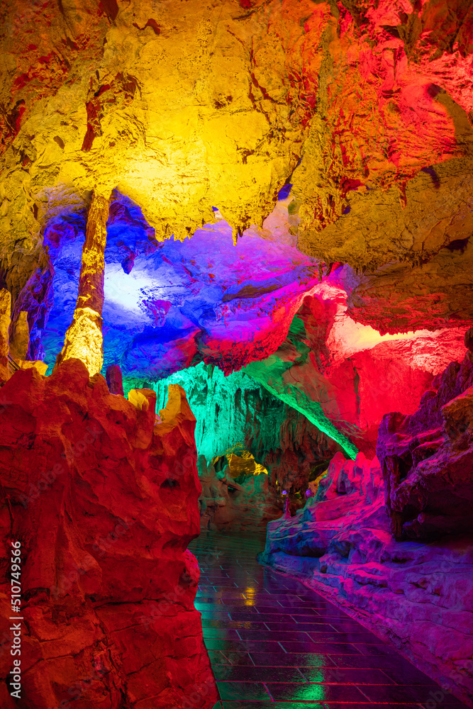 Vertical image of the stone foot path in Huanglong cave, Zhanghjiajie, Hunan, China. Vertical image with copy space for text