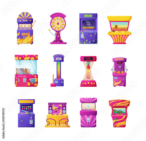 Retro arcade slot game machines. Casino and entertainment center bright gaming machines for public places