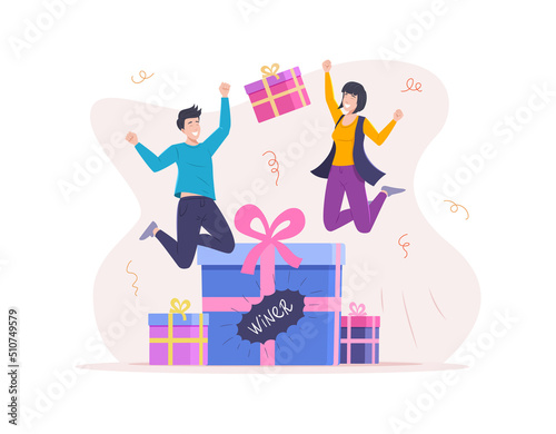 Happy man and woman lottery winners with gift boxes
