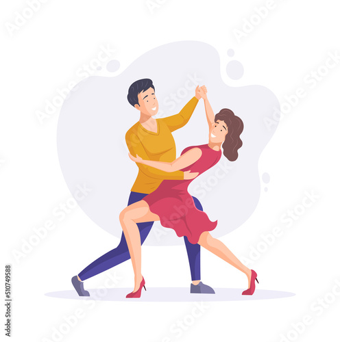 Cheerful young man and woman performing tango passionately