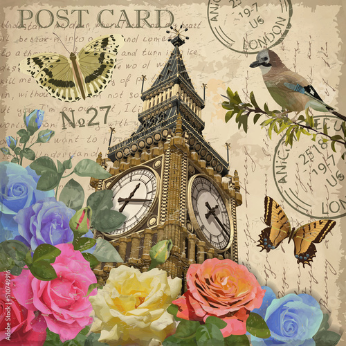 London vintage postcard with Big Ben and roses on retro background.