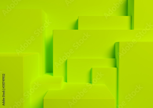Bright, lime, neon green 3D rendering product display podium or stand simple, minimal, abstract, asymmetrical background or wallpaper for product photography or advertisement city silhouette