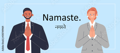 A businessman and a business woman are holding hands and giving an Indian greeting. flat design style vector illustration. 