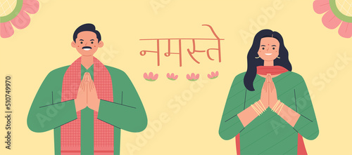 A man and a woman in traditional Indian clothes are holding hands and saying hello to India. flat design style vector illustration.