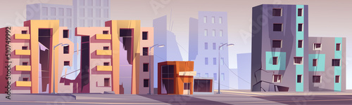Destroyed city buildings after natural disaster, war or apocalypse landscape. Vector cartoon dirty broken and demolished houses and store, town ruins after explosion or earthquake illustration