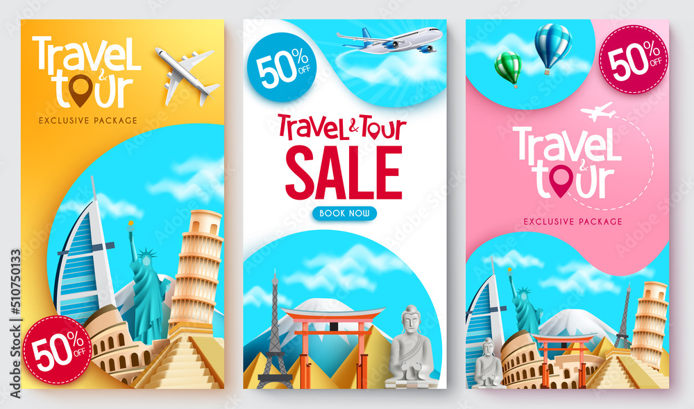 Travel promo vector poster set. Travel tour sale text collection in ...