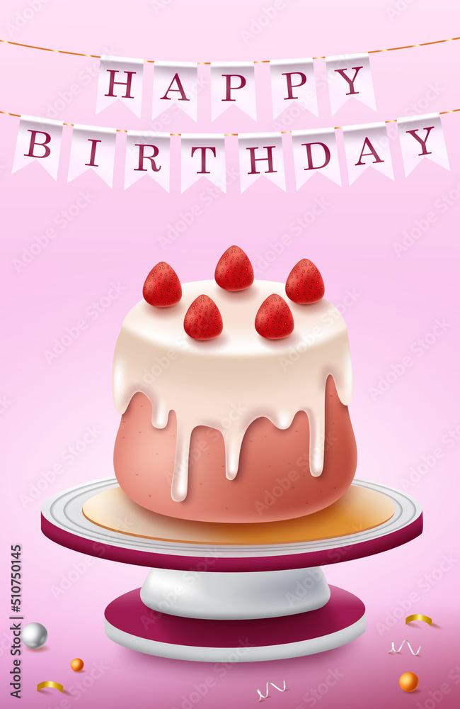 Birthday cake vector design. Birth day cake in strawberry flavor with dripping ganache and happy birthday pennants for party occasion. Vector illustration.
Birthday cake vector design. Birth day cake in strawberry flavor with dripping ganache and happy birthday pennants for party occasion. Vector illustration.