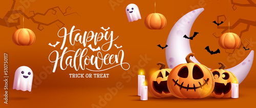 Halloween party vector background design. Happy halloween typography text with ghost and jack o lantern in scary yard for trick or treat night celebration. Vector illustration.
 photo