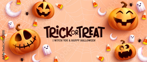 Halloween greeting vector design. Trick or treat text in cob web background with jack o lantern and ghost elements for halloween celebration decoration. Vector illustration.
 photo