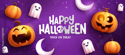 Halloween greeting vector background design. Happy halloween text with jack o lantern pumpkin and ghost for trick or treat night celebration. Vector illustration.
