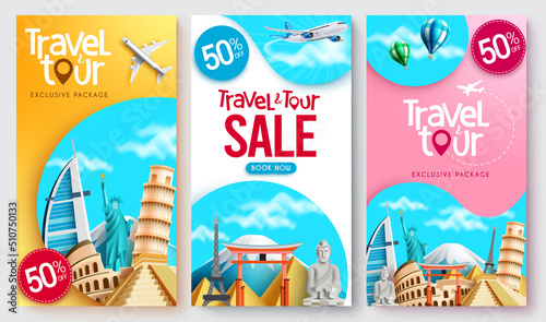 Travel promo vector poster set. Travel tour sale text collection in exclusive package discount with worldwide tourist destination landmarks for tourist travelling offer. Vector illustration.
 photo