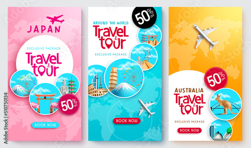 Travel promo vector poster set design. Travel tour text with worldwide travelling package discount for exclusive deal offer collection. Vector illustration.
