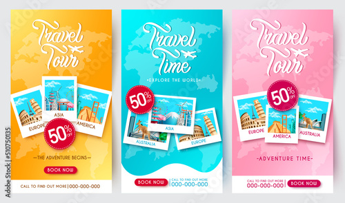 Travel promo vector poster set design. Travel tour text with package discount sale collection in worldwide destination background for travelling tourist offer. Vector illustration.
