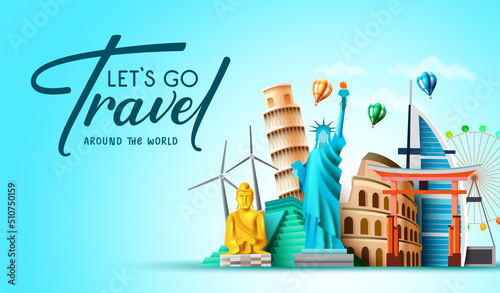 Worldwide travel vector background design. Let's go travel text with around the world tourist destination like america, asia and europe for tourist travelling. Vector illustration.
