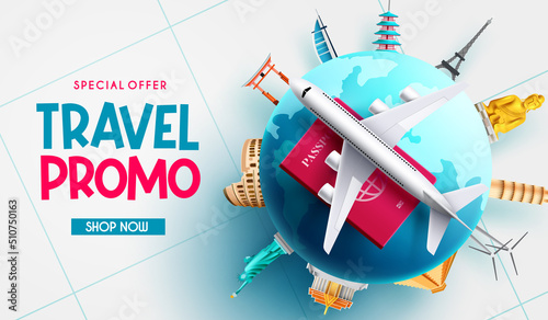 Travel promo vector design. Travel promo text with special price discount in globe and international destination landmarks for worldwide tour offer. Vector illustration.
