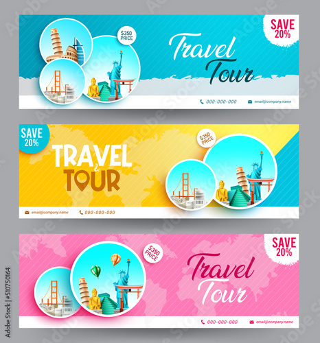 Travel promo vector set design. Travel tour text discount certificate collection in colorful gift check for worldwide travelling promotion offer. Vector illustration.
