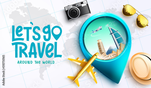 Travel promo vector design. Travel promo text with special price discount in globe and international destination landmarks for worldwide tour offer. Vector illustration.
