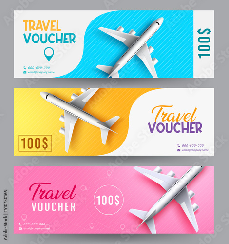 Travel gift certificate vector set design. Travel voucher text with airplane transportation element for trip and tour gift check advertisement promotion. Vector illustration.
