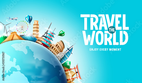 Travel vector background design. Travel the world text with famous tourist destination landmark in globe element for worldwide tourism visit. Vector illustration. 