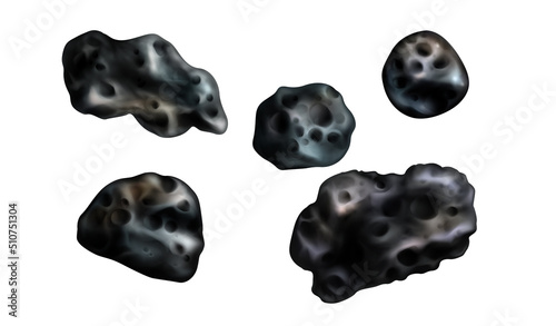 Stone asteroids realistic vector illustration. Meteor or space boulder or rock with craters isolated icon set on white background, various form
