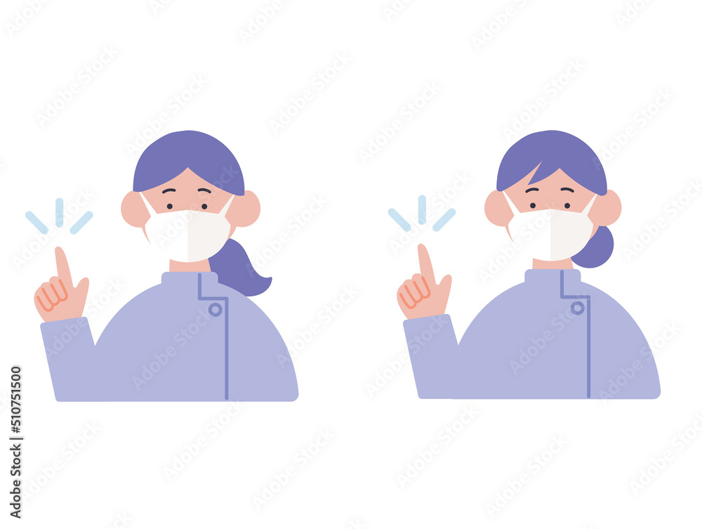 Fototapeta premium マスクをつけて指差しをする看護師の女性のイラスト