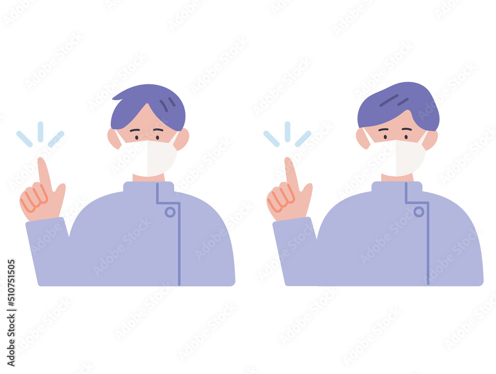 マスクをつけて指差しをする看護師の男性のイラスト マスクをつけて指差しをする看護師の男性のイラスト