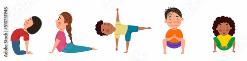 A set of pretty girls and boys of different nationalities are engaged in yoga. Yoga for children. Vector illustration in a flat style