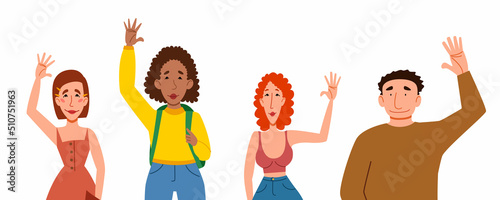 Fashionable men and women in casual clothes say hello. A set of flat vector illustrations with a gesture of greeting people.