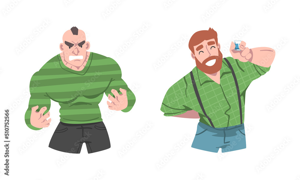 Man Different Emotion Feeling Angry Clenching Fists and Happy Smiling Vector Set