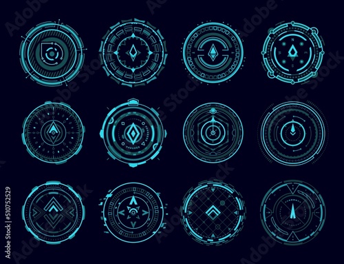 HUD compass, aim control panel elements, vector digital interface radars. HUD futuristic technology or game compass or target position arrows, navigation and tracking gauges of spaceship dashboard