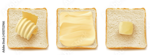 Square slices of bread for sandwich or toast with butter curl or rolled margarine 3D isolated vector set realistic illustration, top view, traditional breakfast food on white background.