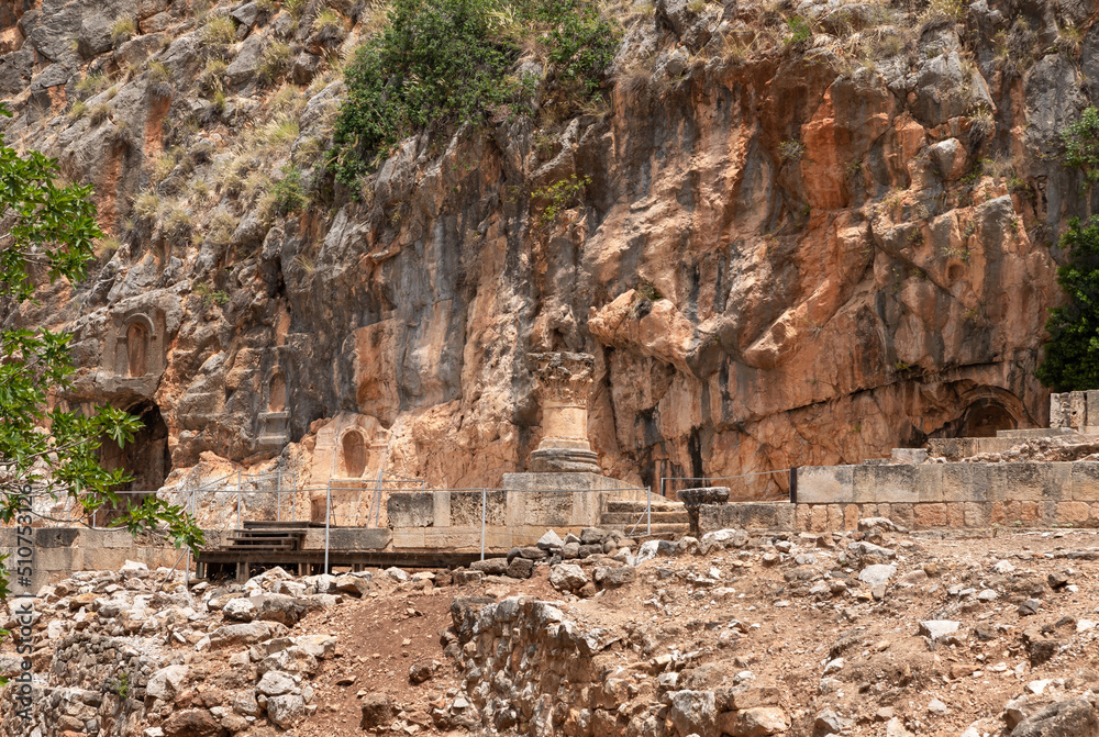 Ruins  of a temple Khirbat Panyas Banyas near a national park in northern Israel
