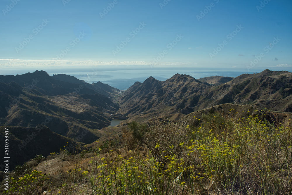 Spectacular landscape from the Anaga Rural Park in Tenerife, Canary Islands, Spain. Mountainous landscape full of colorful vegetation