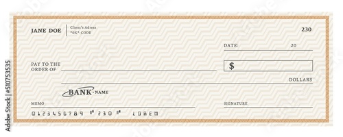 Blank bank check, checkbook cheque template or money payment paper voucher, vector mockup. Business or personal account cash pay cheque certificate or paycheck coupon from checkbook