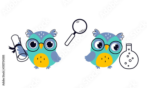 Cute Owl in Glasses with Paper Scroll and Flask with Chemical Vector Set