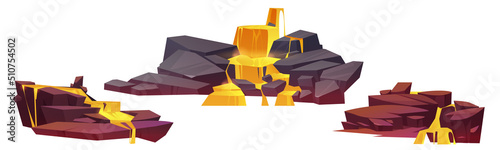Fantasy waterfalls with yellow fluid streams. Vector cartoon illustration of stones with liquid lava flows. Game landscape objects with gold river cascade from rocks