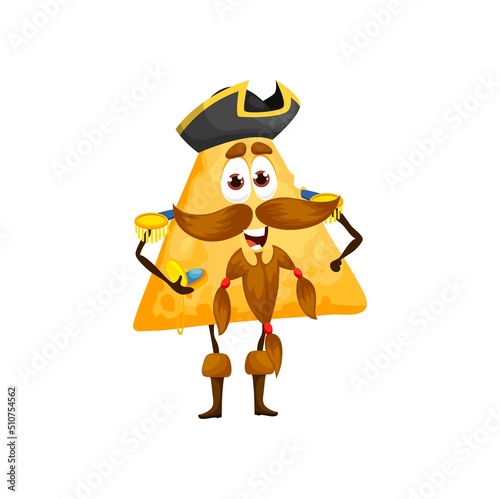Cartoon mexican nachos chip pirate captain character. Vector personage of tortilla chip corsair with funny beard, pirate captain hat and vintage pocket compass watch, corn snack or fast food crisps