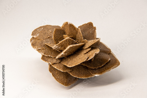 Horizontal image, close up on the selenit mineral also known as the desert rose, gypsum flower or satin spar isolated on white, souvenir from the Gobi desert, China. Background, wallpaper photo