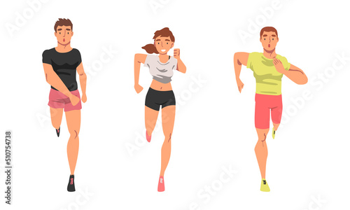 Cheerful People Character Running Marathon or Long-distance Foot Race Vector Set
