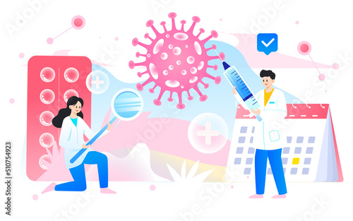 Doctor is fighting virus, caring for women's health, vector illustration