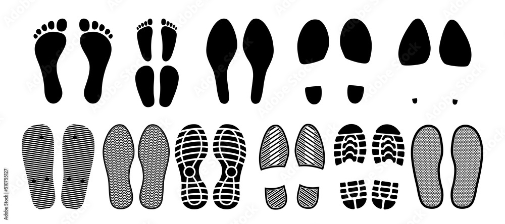 Shoe footprints, foot prints of sole, boot or steps, vector silhouette. Shoe  footprints of sole and boots tracks, human feet imprints and marks of  barefoot footsteps, sneakers and flip-flop sandals Stock Vector