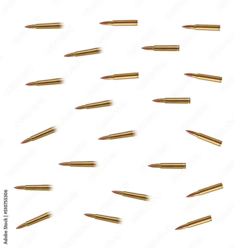 Many bullets falling on white background. Firearm ammunition