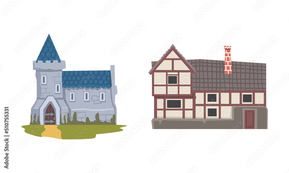 Medieval Historical Residential House with Tile Roof Vector Illustration Set