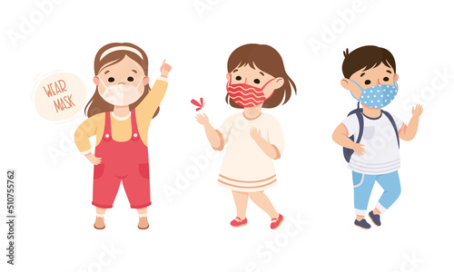 Happy Boy and Girl Wearing Face Mask as New Normal Lifestyle Vector Illustration Set